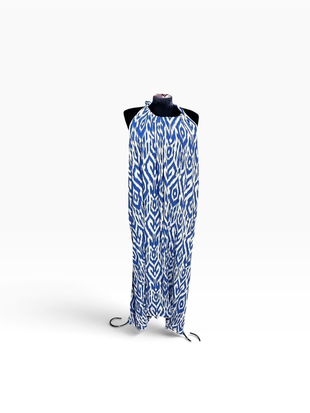 Elan Halter Style Maxi Dress Sleeveless Blue Cream One Size